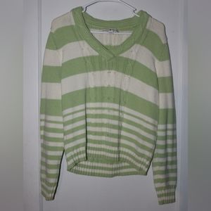 Vintage Tommy Hilfiger Sweater Green And White Striped V-Neck Women's L